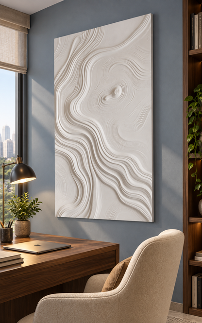 Oval Eddy Flow Corian wall panel, right view in a Mumbai home office reading corner; AI-assisted concept visualisation