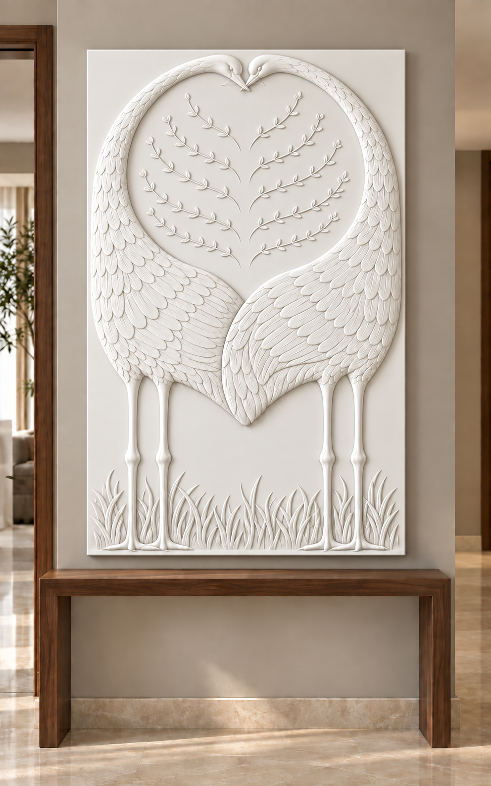 Paired Bird Arch Corian wall panel, 2.5 x 4 ft, front view in entrance gallery, 12–24 mm total depth
