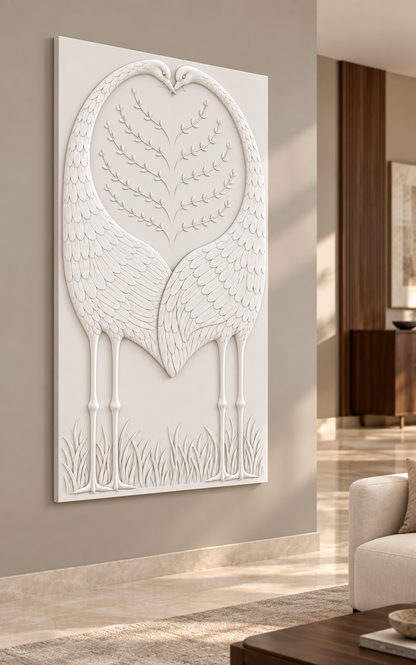 Paired Bird Arch Corian wall panel, 2.5 x 4 ft, left view in formal living room, 12–24 mm total depth