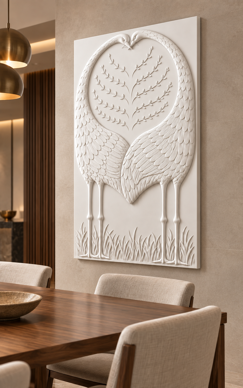 Paired Bird Arch Corian wall panel, 2.5 x 4 ft, right view in dining room feature wall, 12–24 mm total depth