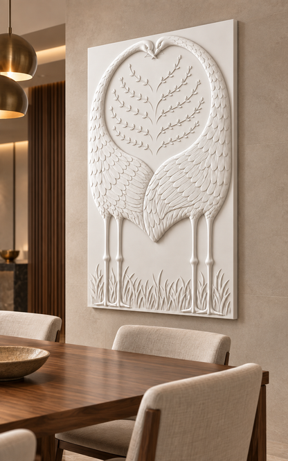 Paired Bird Arch Corian wall panel, 2.5 x 4 ft, right view in dining room feature wall, 12–24 mm total depth