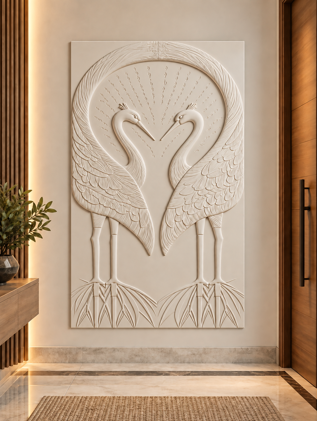 Paired Birds Feather Arch Corian wall panel, front view in a Mumbai entrance foyer; AI-assisted concept visualisation