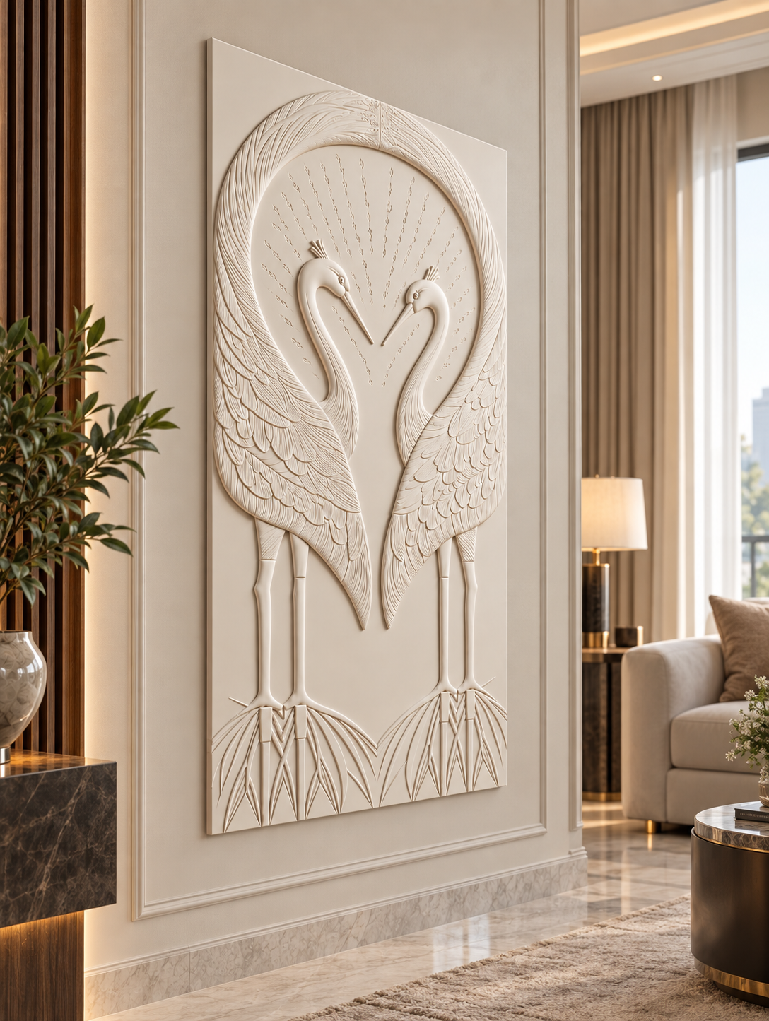 Paired Birds Feather Arch Corian wall panel, left view in a Mumbai formal living room; AI-assisted concept visualisation