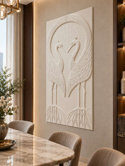 Paired Birds Feather Arch Corian wall panel, right view in a Mumbai dining room accent wall; AI-assisted concept visualisation