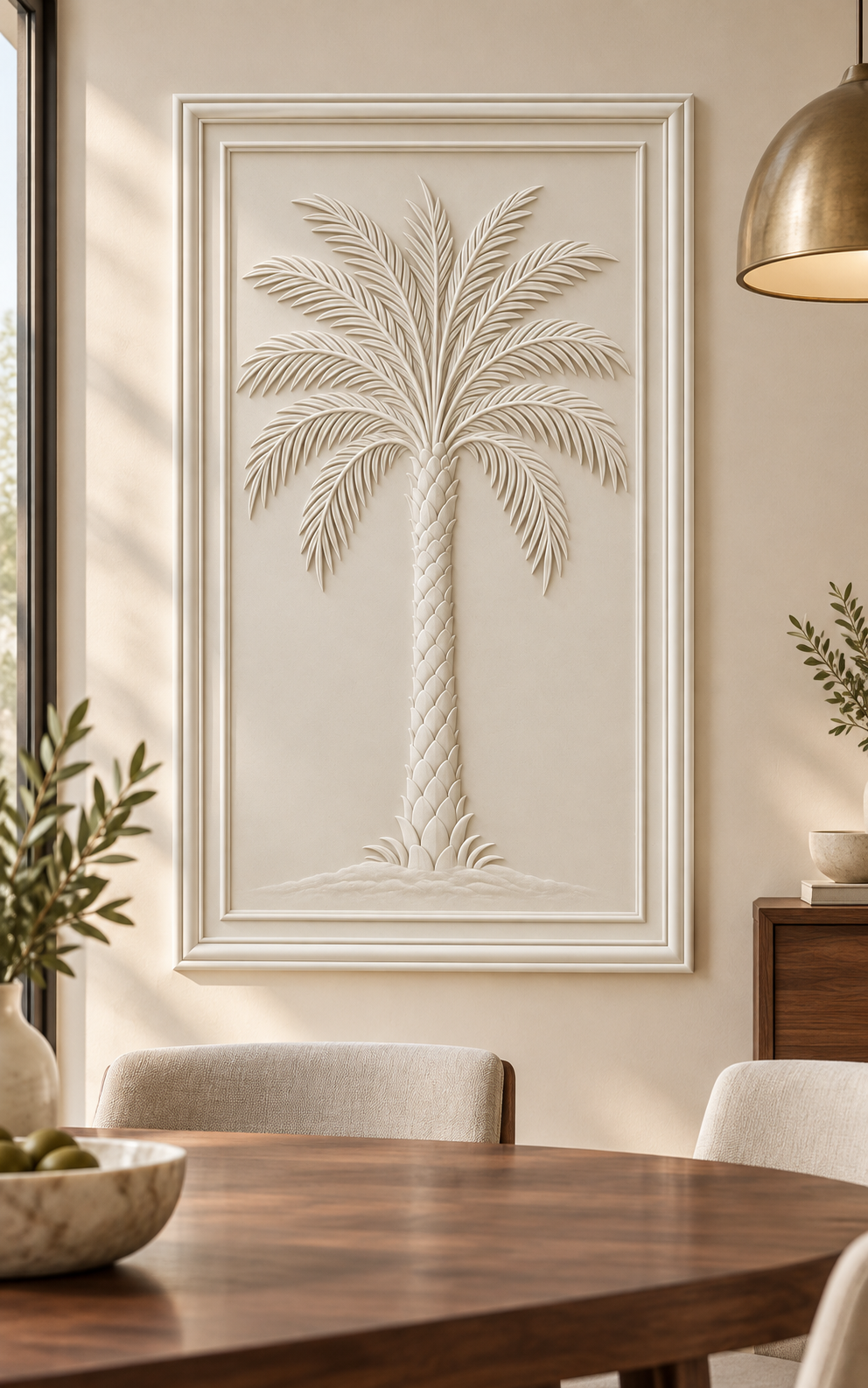 Palm Crown Relief Corian wall panel, front view in a Mumbai dining room feature wall; AI-assisted concept visualisation