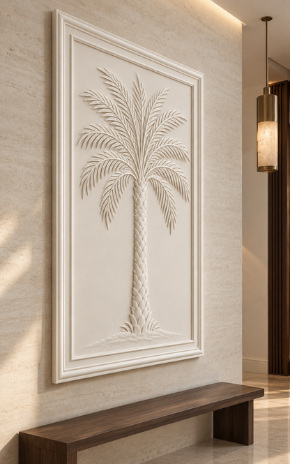Palm Crown Relief Corian wall panel, left view in a Mumbai entrance gallery; AI-assisted concept visualisation