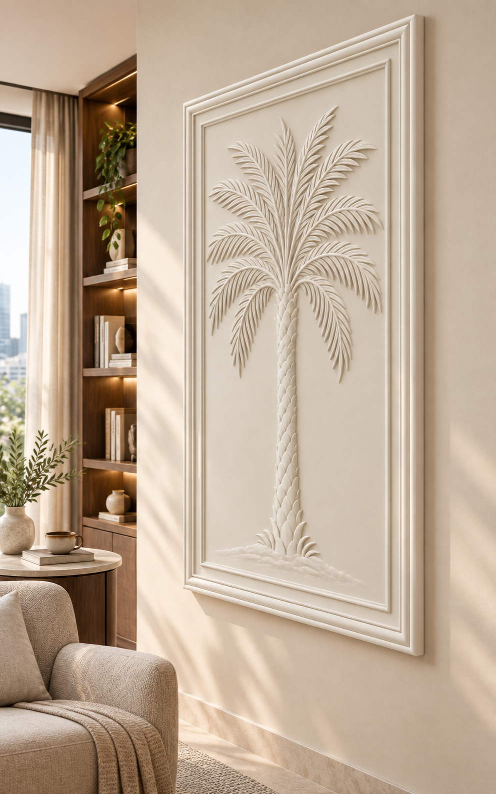 Palm Crown Relief Corian wall panel, right view in a Mumbai living room reading area; AI-assisted concept visualisation