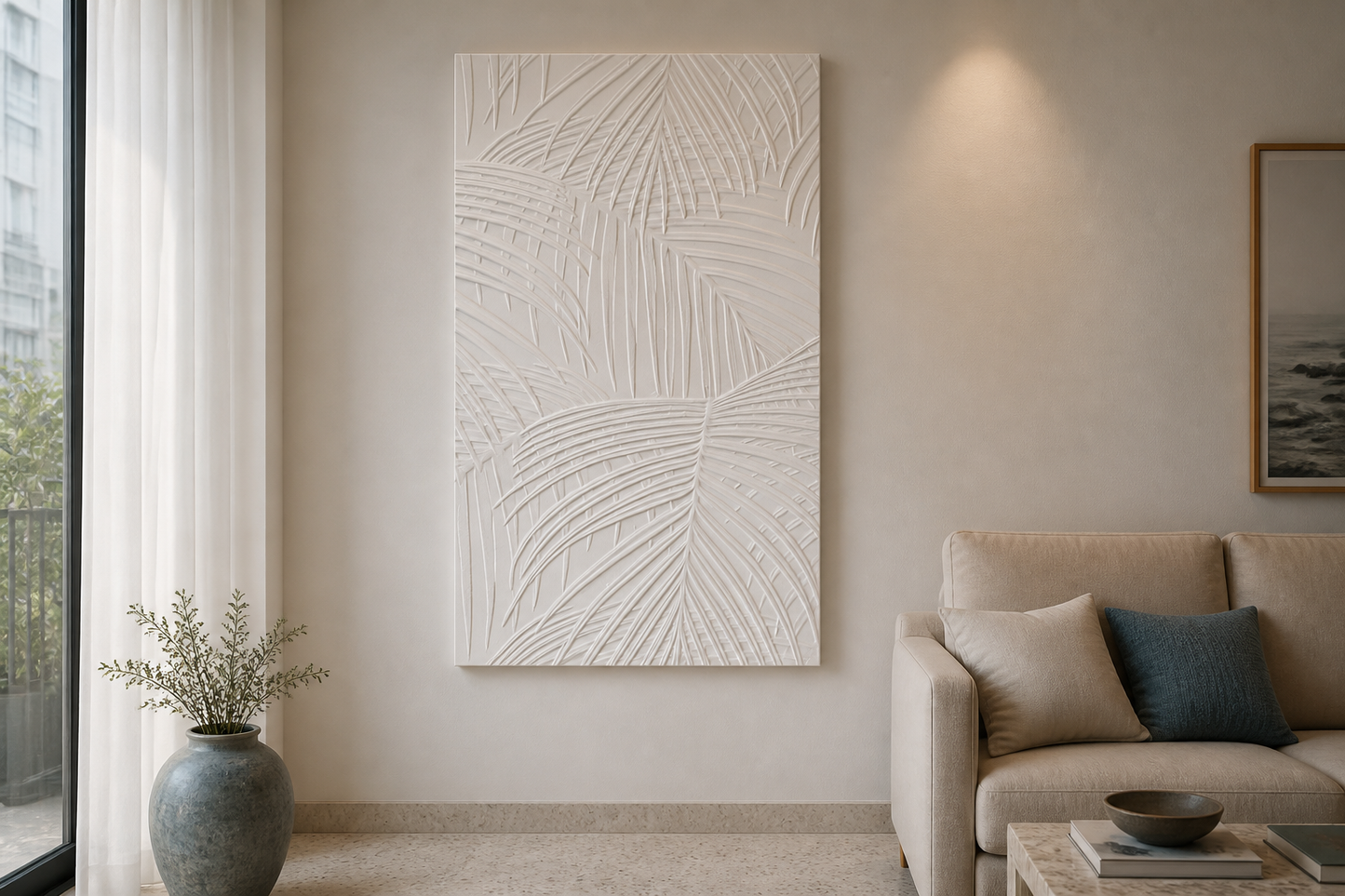 Palm Weave white Corian wall panel, front view in a Mumbai home interior visualisation