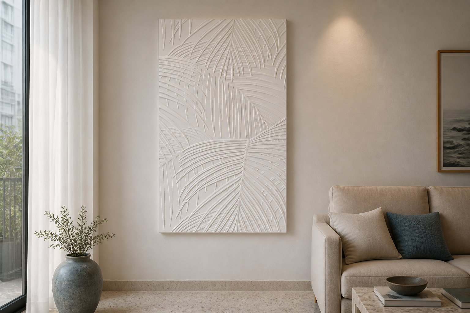Palm Weave white Corian wall panel, front view in a Mumbai home interior visualisation