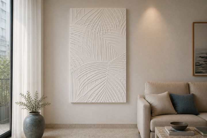 Palm Weave white Corian wall panel, front view in a Mumbai home interior visualisation