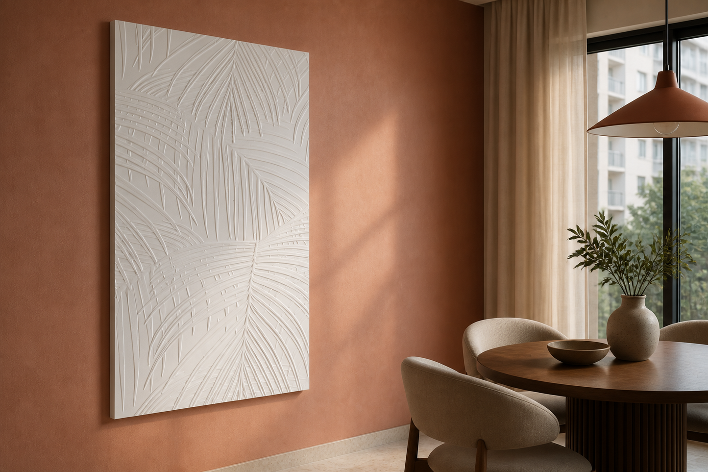 Palm Weave white Corian wall panel, left angle view in a Mumbai home interior visualisation