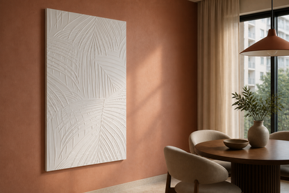 Palm Weave white Corian wall panel, left angle view in a Mumbai home interior visualisation