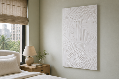 Palm Weave white Corian wall panel, right angle view in a Mumbai home interior visualisation