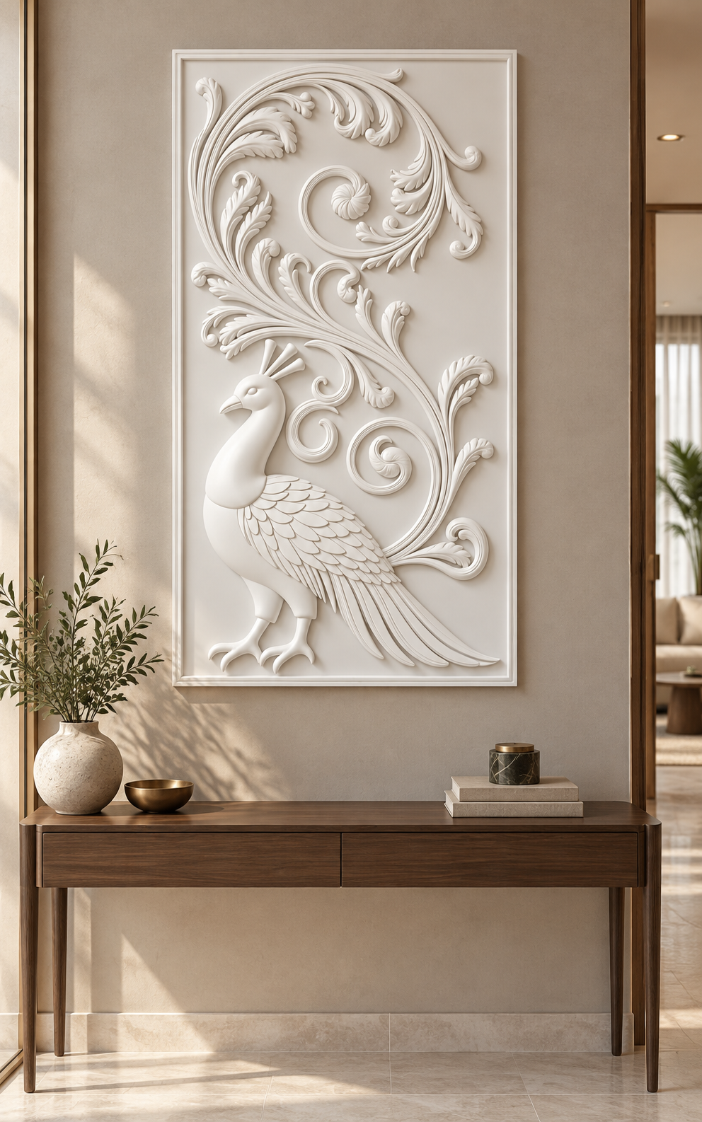 Peacock Acanthus Reverie satin white Corian wall panel front view in luxury Mumbai entrance foyer with greige wall and walnut console