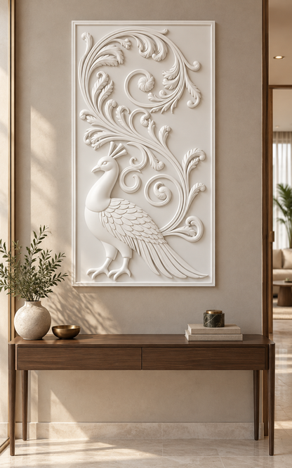 Peacock Acanthus Reverie satin white Corian wall panel front view in luxury Mumbai entrance foyer with greige wall and walnut console