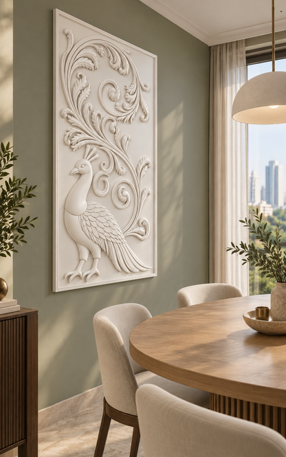 Peacock Acanthus Reverie satin white Corian wall panel left view in luxury Mumbai dining nook with sage wall, oval oak dining table and cream upholstered chairs
