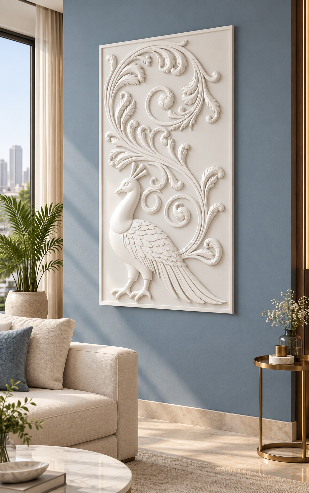 Peacock Acanthus Reverie satin white Corian wall panel right view in luxury Mumbai living room with dusty blue wall, ivory sofa and narrow brass side table