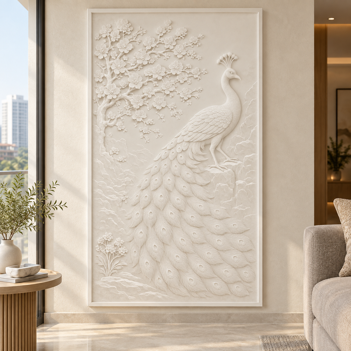 Peacock Blossom Canopy Corian Wall Panel, front view in a Bandra apartment living room, showing the complete shallow relief.