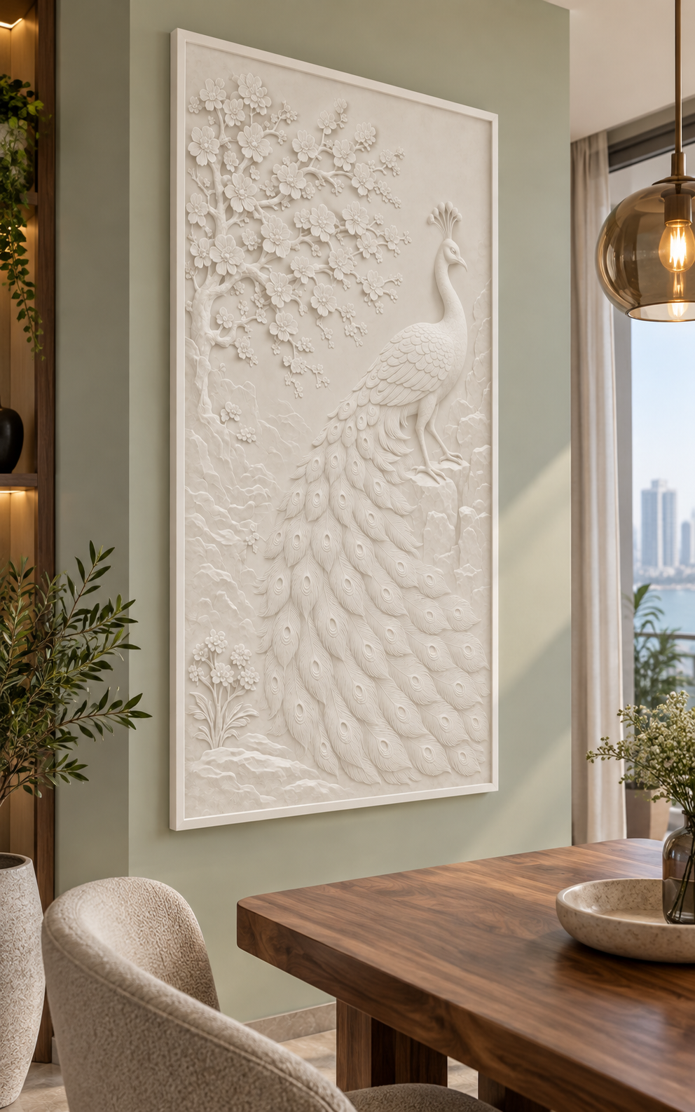 Peacock Blossom Canopy Corian Wall Panel, left view in a Worli dining nook, showing the complete shallow relief.