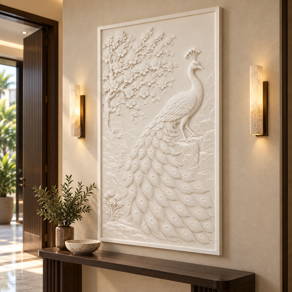 Peacock Blossom Canopy Corian Wall Panel, right view in a Juhu entry foyer, showing the complete shallow relief.