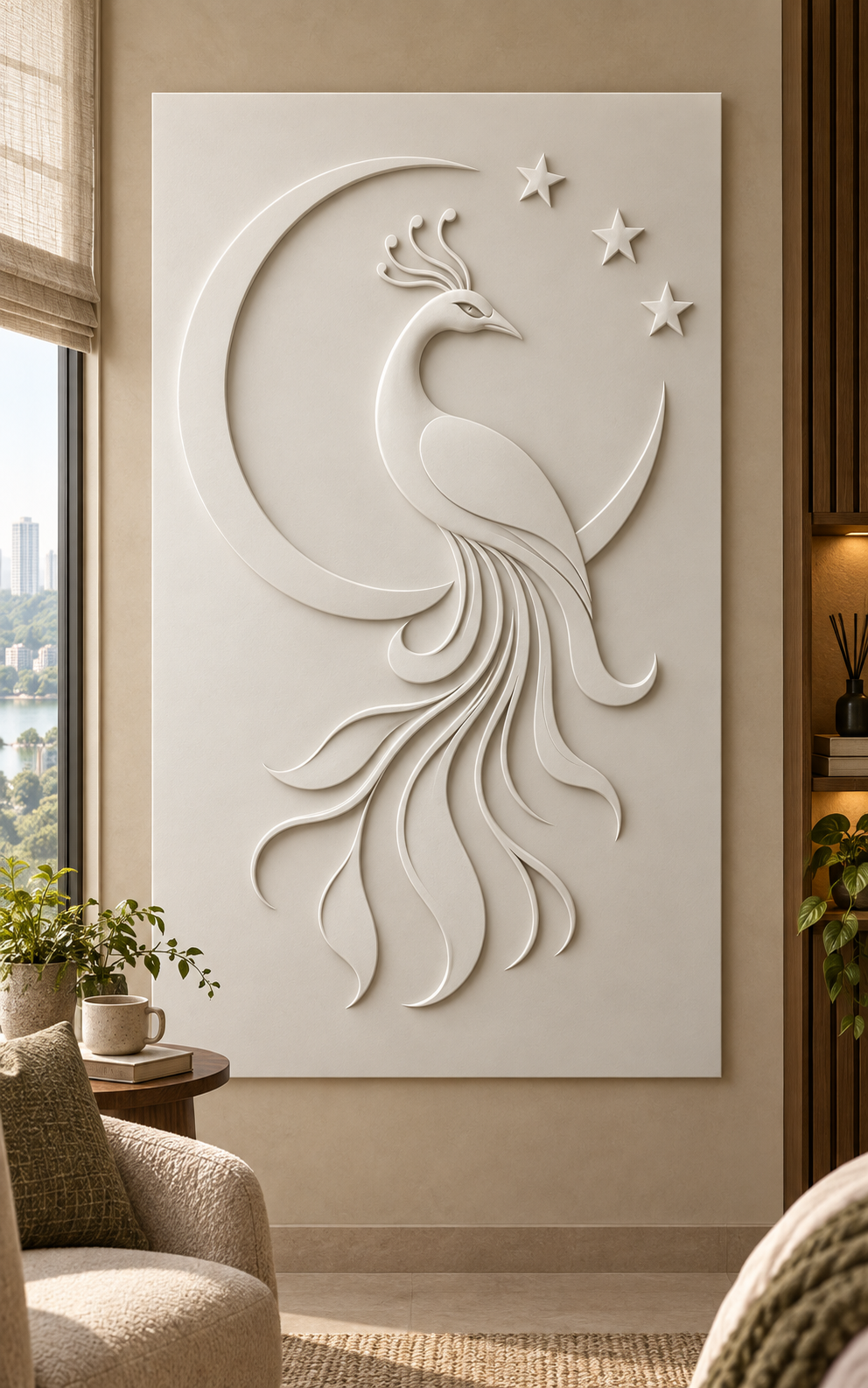 Peacock Crescent Stars Corian wall panel, front view in a Powai apartment bedroom reading alcove; satin white relief concept.