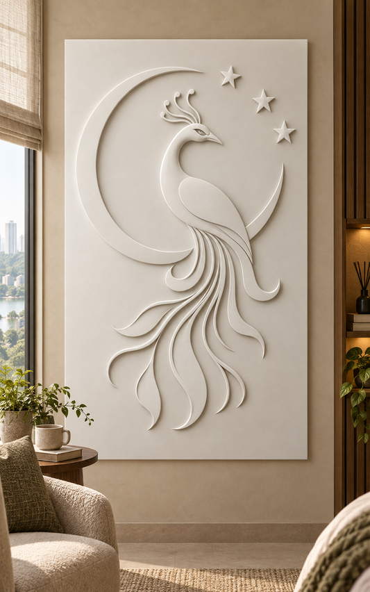 Peacock Crescent Stars Corian wall panel, front view in a Powai apartment bedroom reading alcove; satin white relief concept.