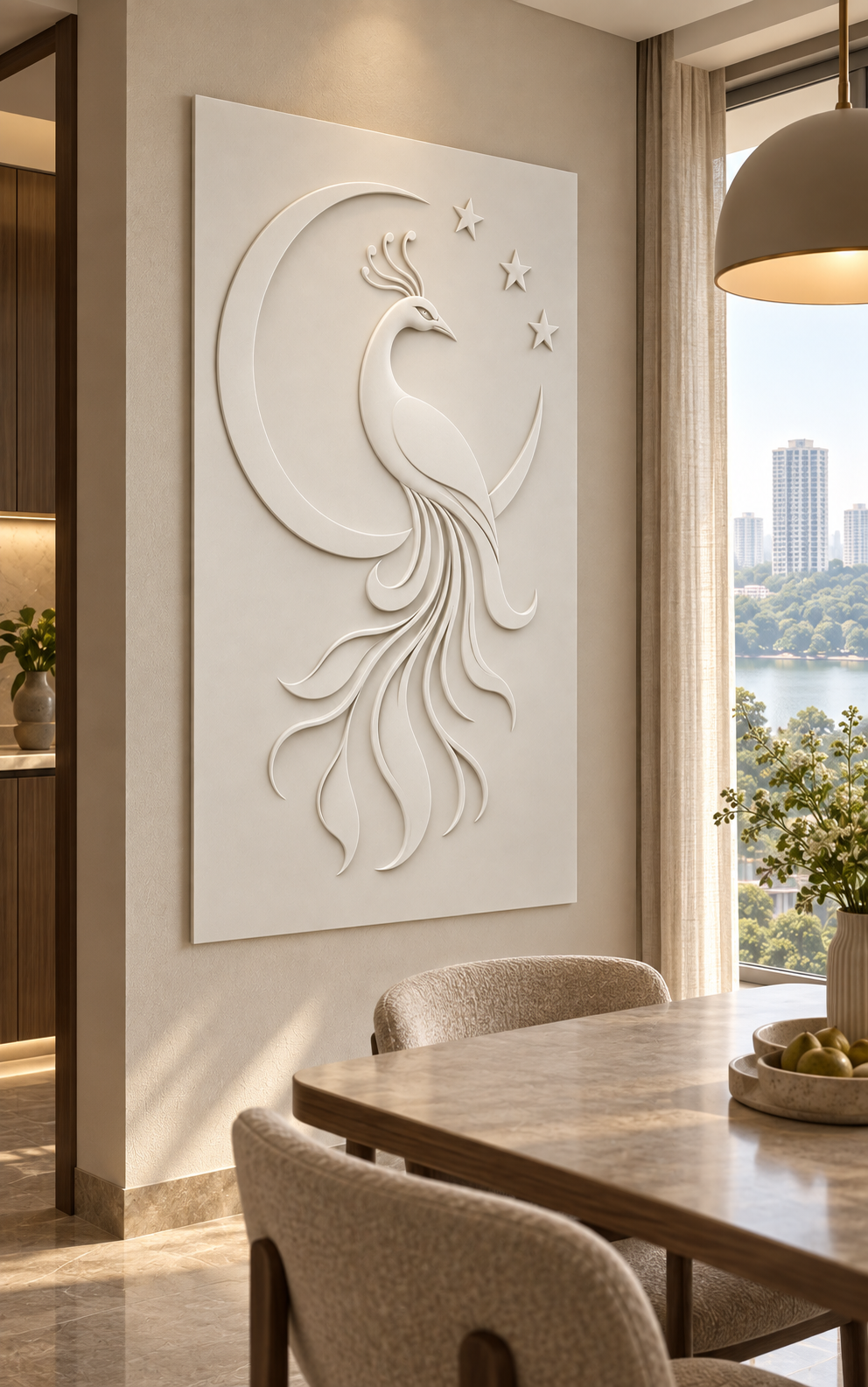 Peacock Crescent Stars Corian wall panel, left view in a Powai apartment dining nook; satin white relief concept.