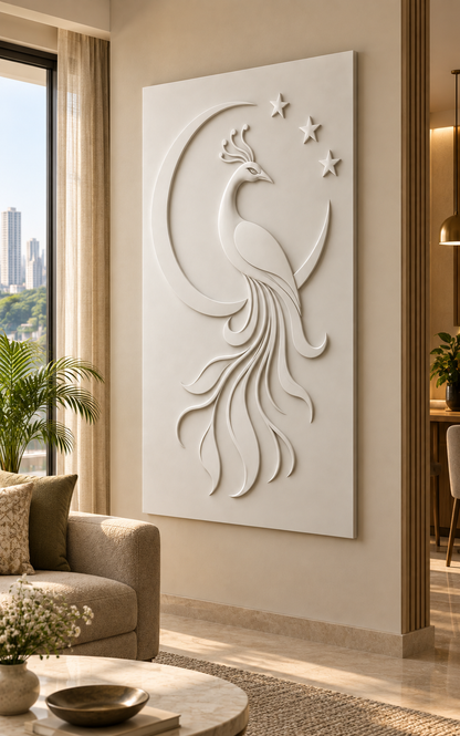Peacock Crescent Stars Corian wall panel, right view in a Dadar apartment living room; satin white relief concept.