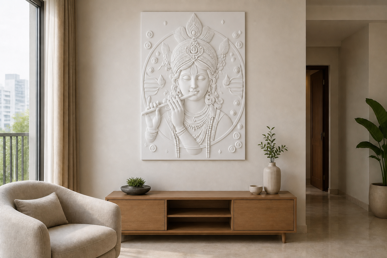 Peacock Crown Krishna white Corian wall panel, front view in a Mumbai home interior visualisation