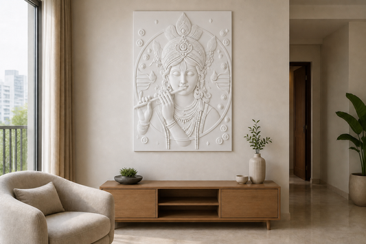 Peacock Crown Krishna white Corian wall panel, front view in a Mumbai home interior visualisation