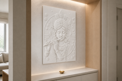 Peacock Crown Krishna white Corian wall panel, left angle view in a Mumbai home interior visualisation
