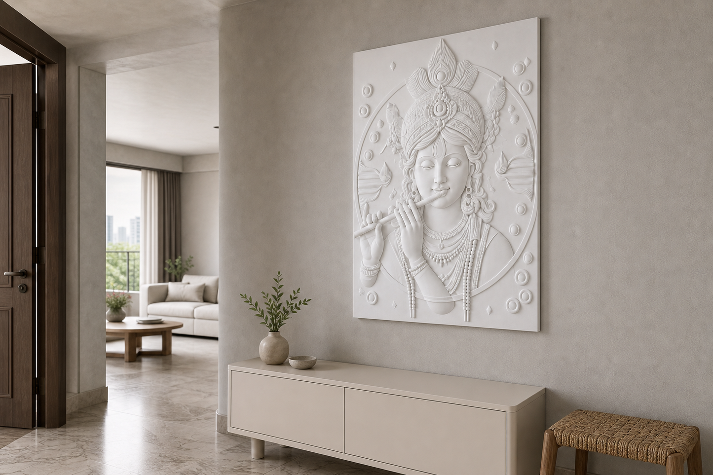 Peacock Crown Krishna white Corian wall panel, right angle view in a Mumbai home interior visualisation