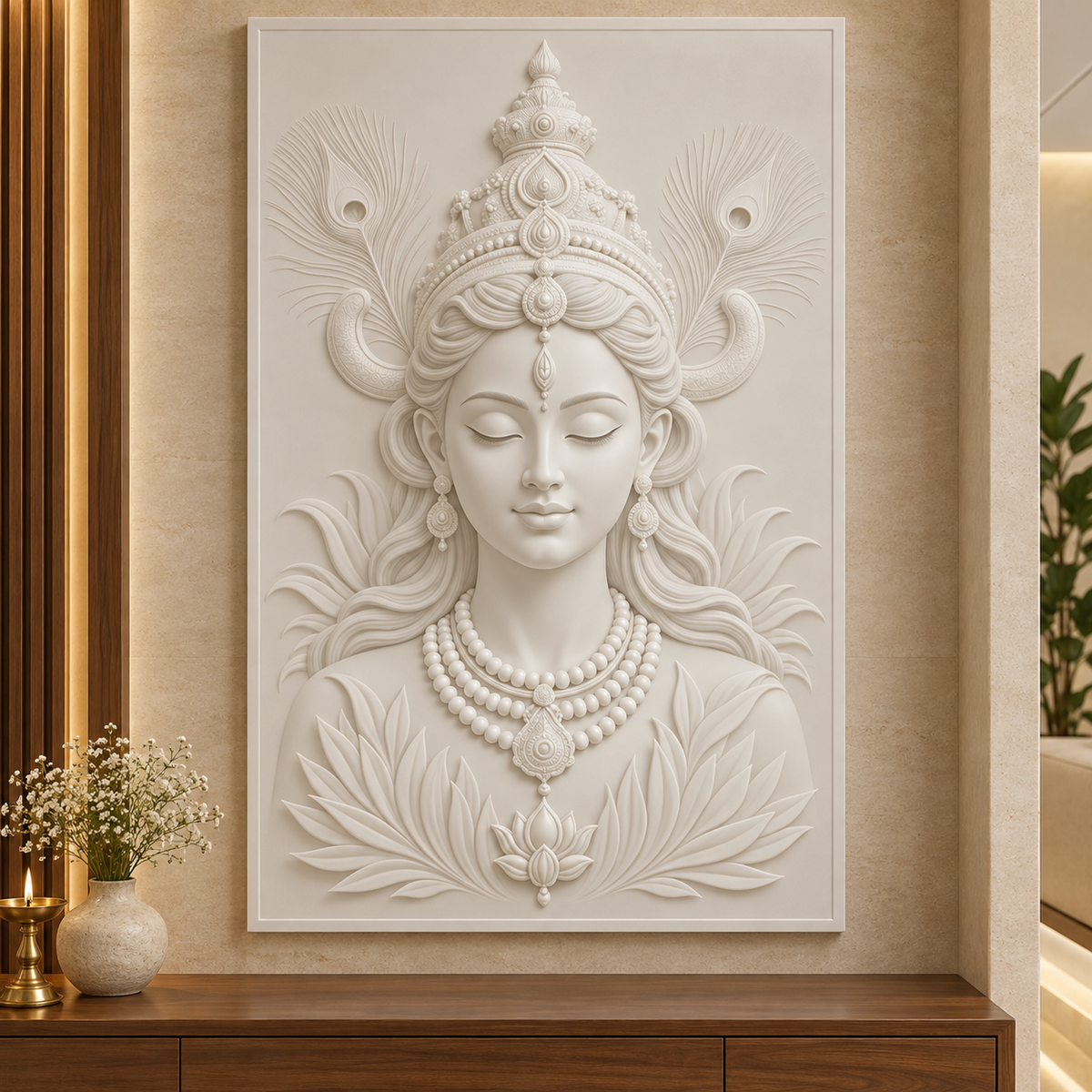 Peacock Crown Lotus Portrait Corian wall panel, front view in a Worli prayer alcove