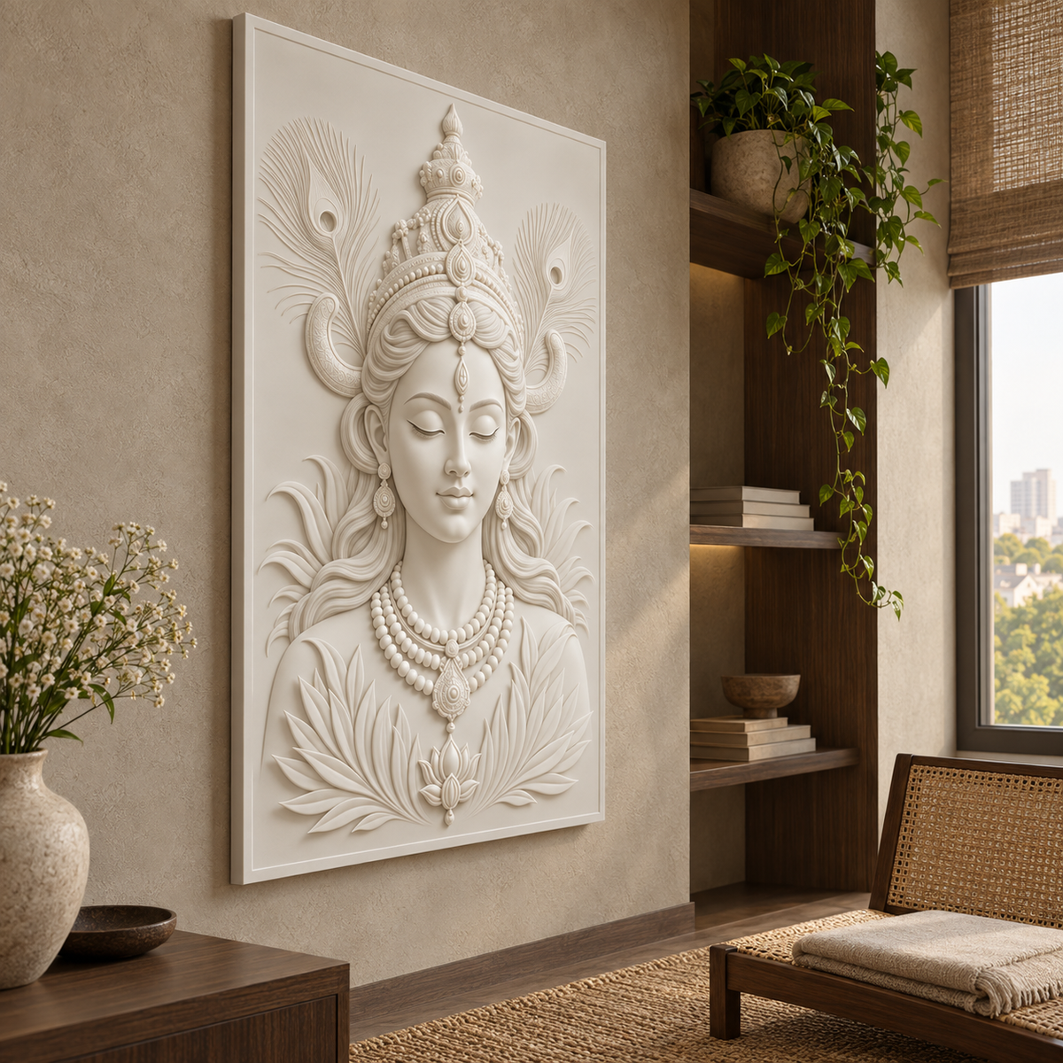 Peacock Crown Lotus Portrait Corian wall panel, left view in a Malabar Hill meditation study