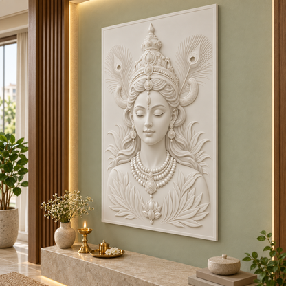 Peacock Crown Lotus Portrait Corian wall panel, right view in a Dadar home puja room