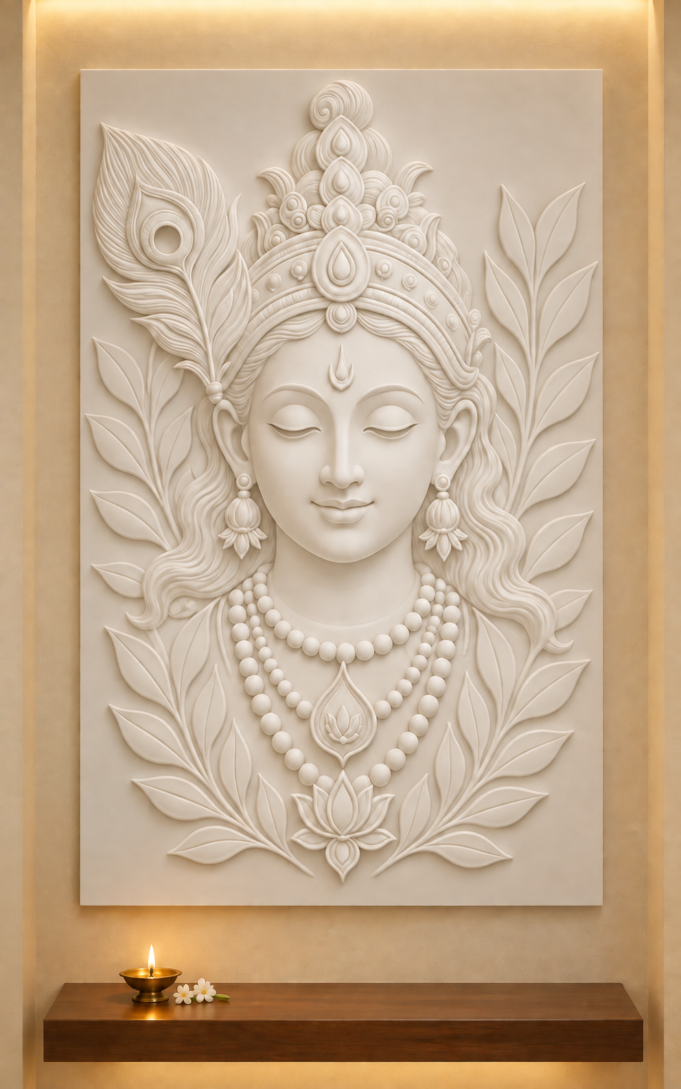Peacock Crown Serenity Corian wall panel, front view in a Dadar apartment prayer alcove