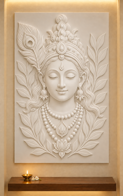 Peacock Crown Serenity Corian wall panel, front view in a Dadar apartment prayer alcove