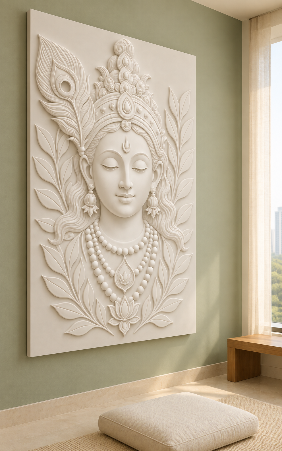 Peacock Crown Serenity Corian wall panel, left view in a Powai apartment meditation room