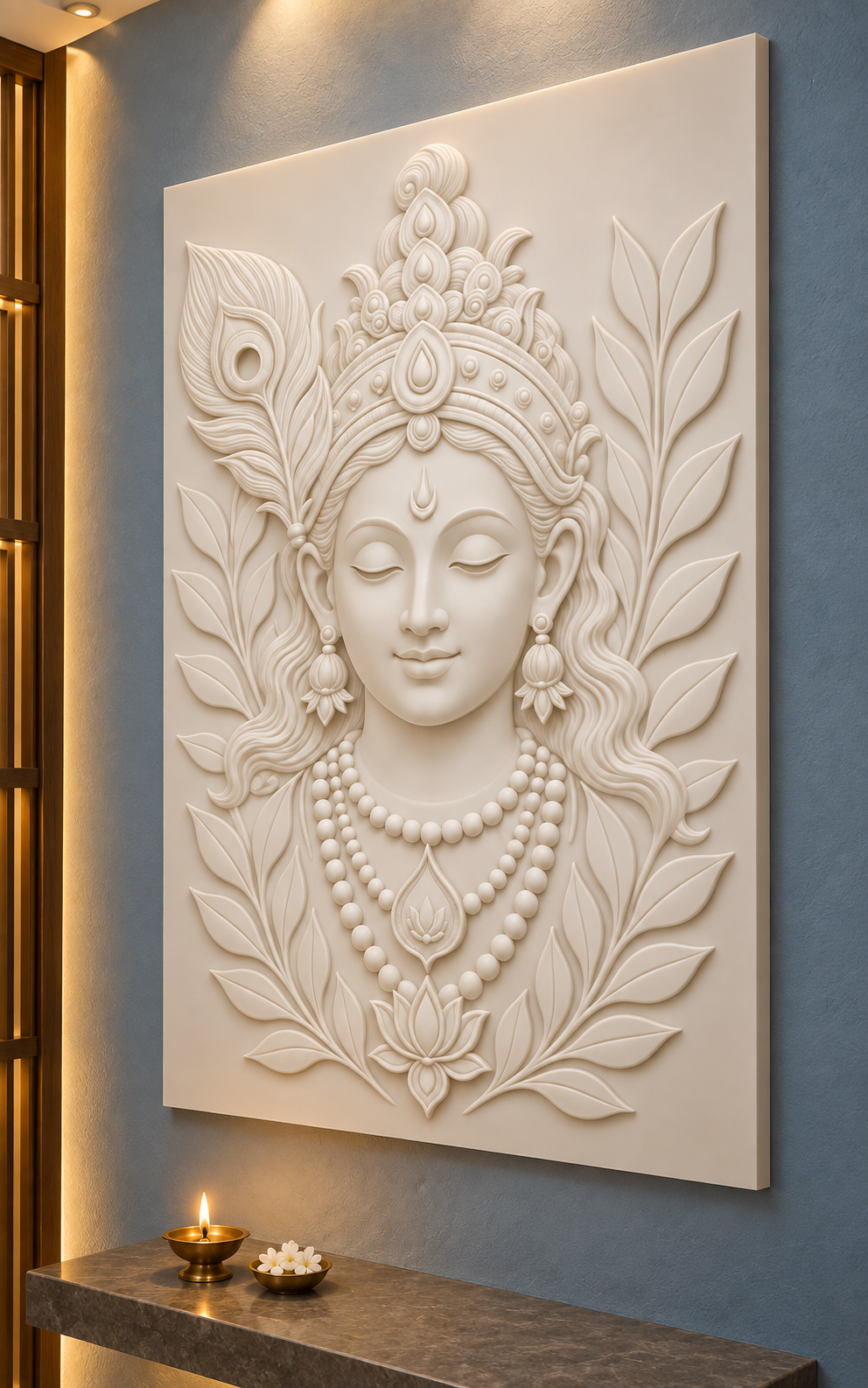 Peacock Crown Serenity Corian wall panel, right view in a Malabar Hill apartment pooja room