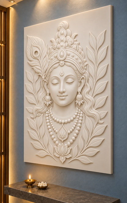 Peacock Crown Serenity Corian wall panel, right view in a Malabar Hill apartment pooja room