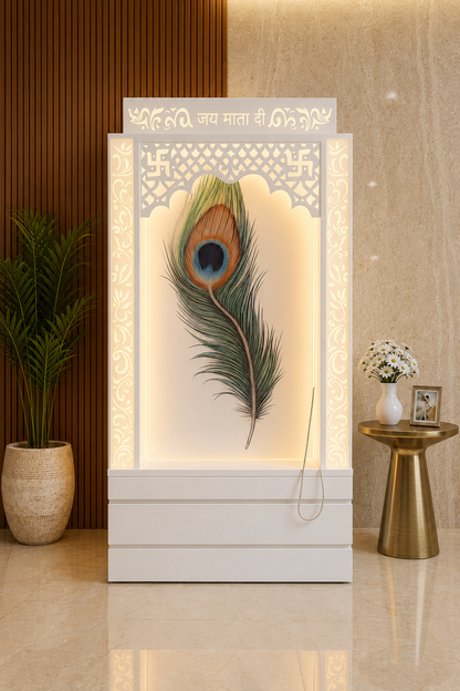 Fully white Corian mandir with peacock feather panel, jhaali canopy and drawer storage