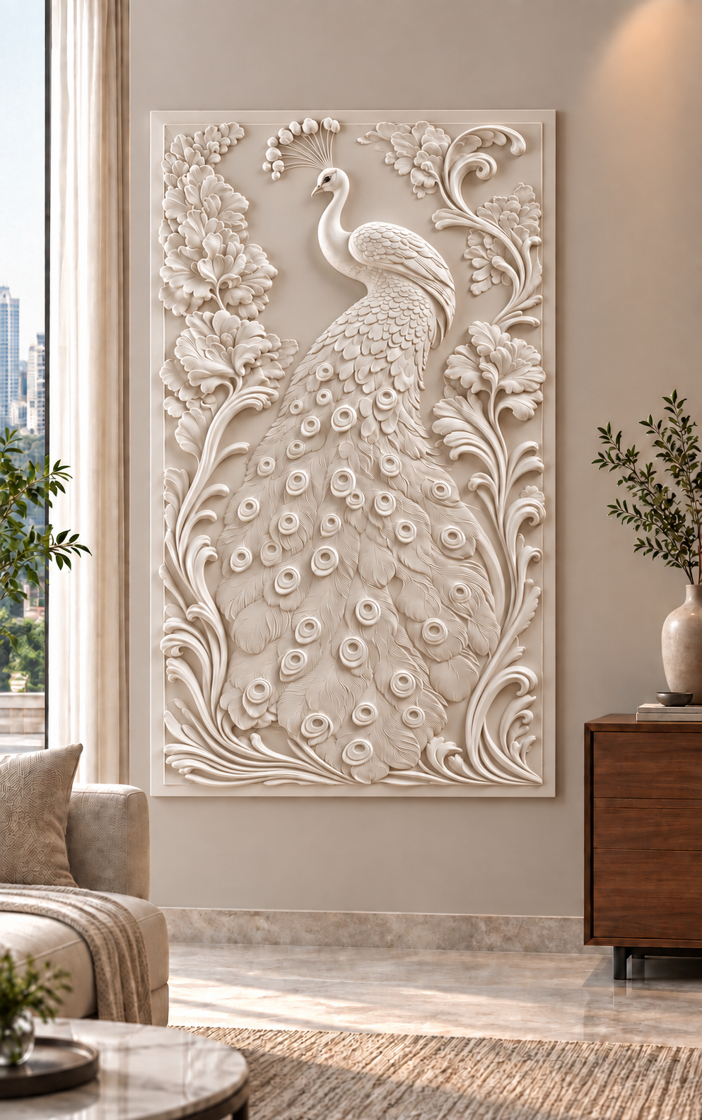 Peacock Feather Flourish Corian wall panel, 2.5 x 4 ft, front view in living room, 12-24 mm total depth