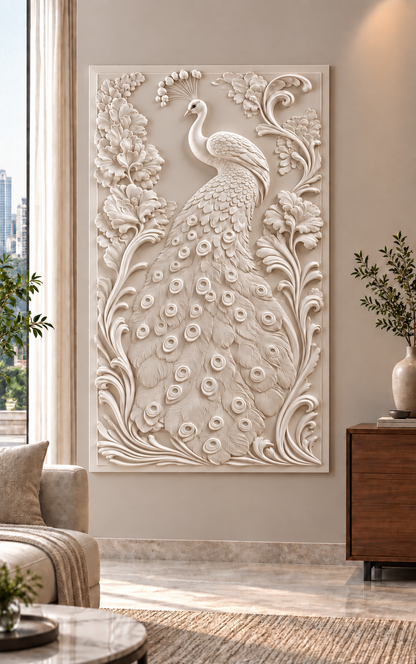 Peacock Feather Flourish Corian wall panel, 2.5 x 4 ft, front view in living room, 12-24 mm total depth