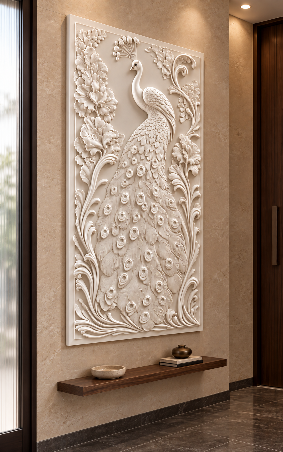 Peacock Feather Flourish Corian wall panel, 2.5 x 4 ft, left view in entrance foyer, 12-24 mm total depth
