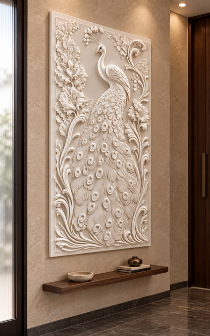 Peacock Feather Flourish Corian wall panel, 2.5 x 4 ft, left view in entrance foyer, 12-24 mm total depth