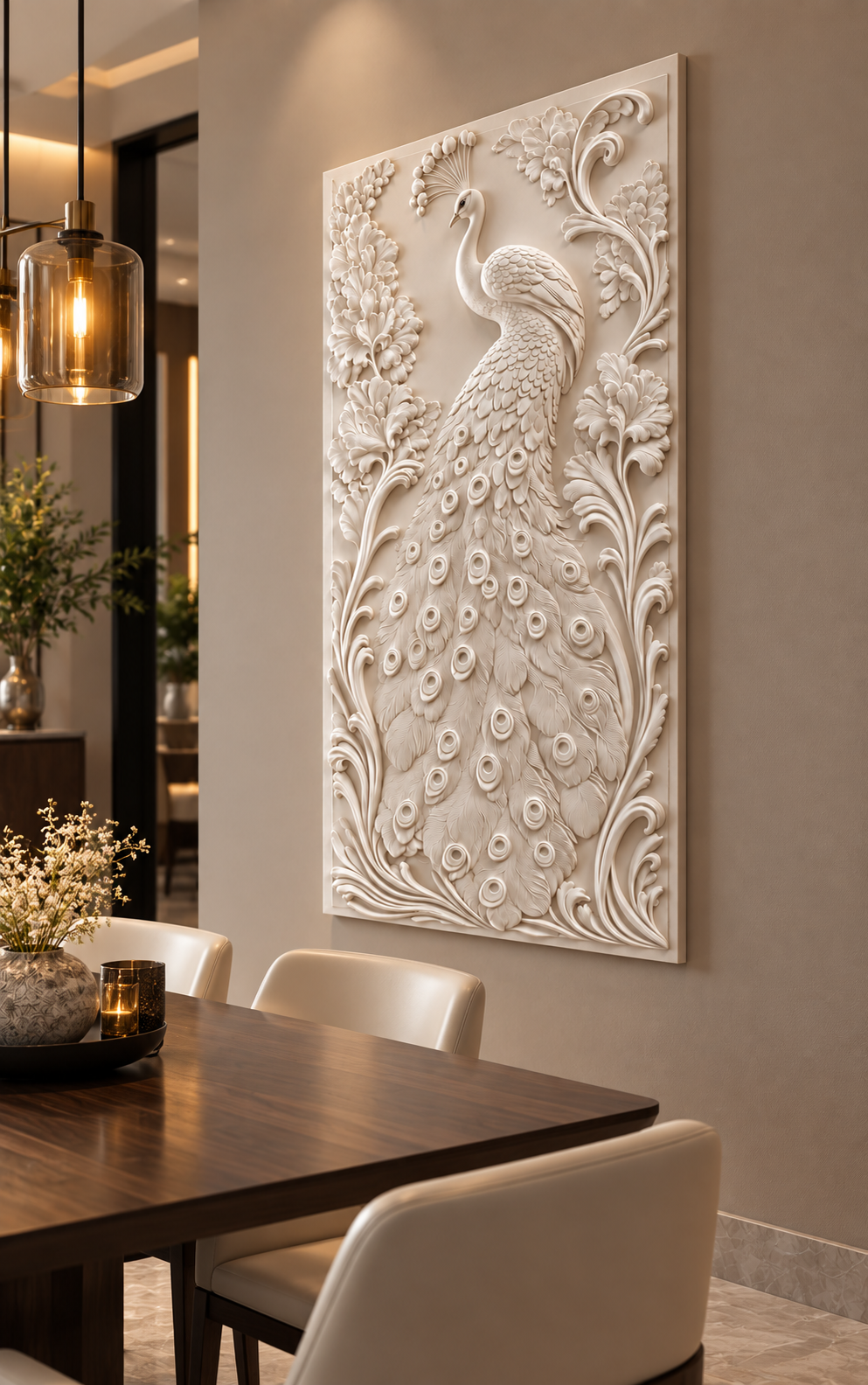 Peacock Feather Flourish Corian wall panel, 2.5 x 4 ft, right view in dining room, 12-24 mm total depth
