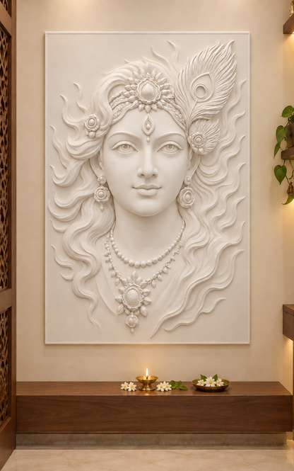 CWP-640 Peacock Feather Krishna Portrait Corian Wall Panel, 2.5 ft wide x 4 ft high, front view in a Mumbai pooja room; AI-assisted concept visualisation
