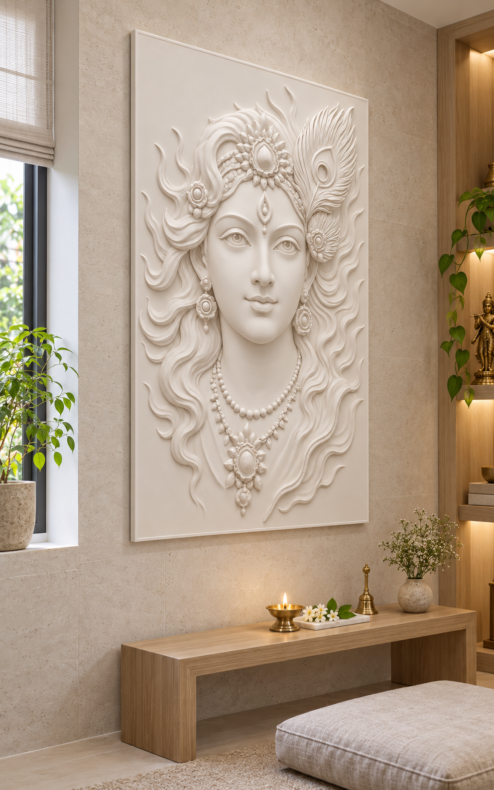 CWP-640 Peacock Feather Krishna Portrait Corian Wall Panel, 2.5 ft wide x 4 ft high, left view in a Mumbai meditation room; AI-assisted concept visualisation