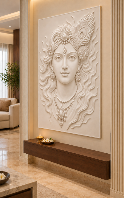 CWP-640 Peacock Feather Krishna Portrait Corian Wall Panel, 2.5 ft wide x 4 ft high, right view in a Mumbai living room devotional corner; AI-assisted concept visualisation