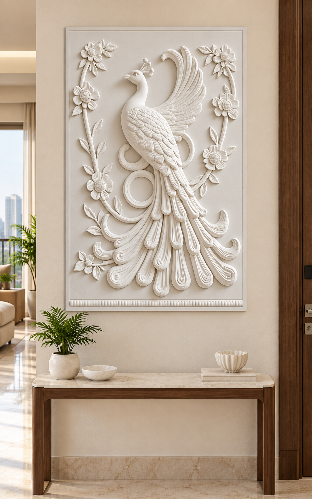 Peacock Floral Garland Corian wall panel front view in cream-and-walnut Mumbai entrance foyer with a narrow console